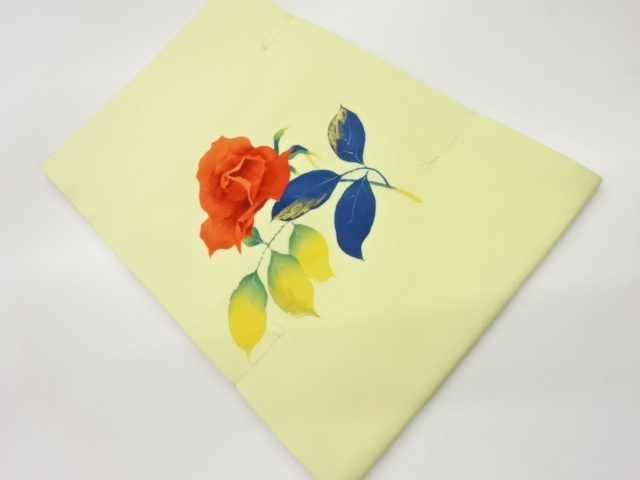 未使用品　塩瀬金彩手描き薔薇模様開き名古屋帯（額縁仕立て）